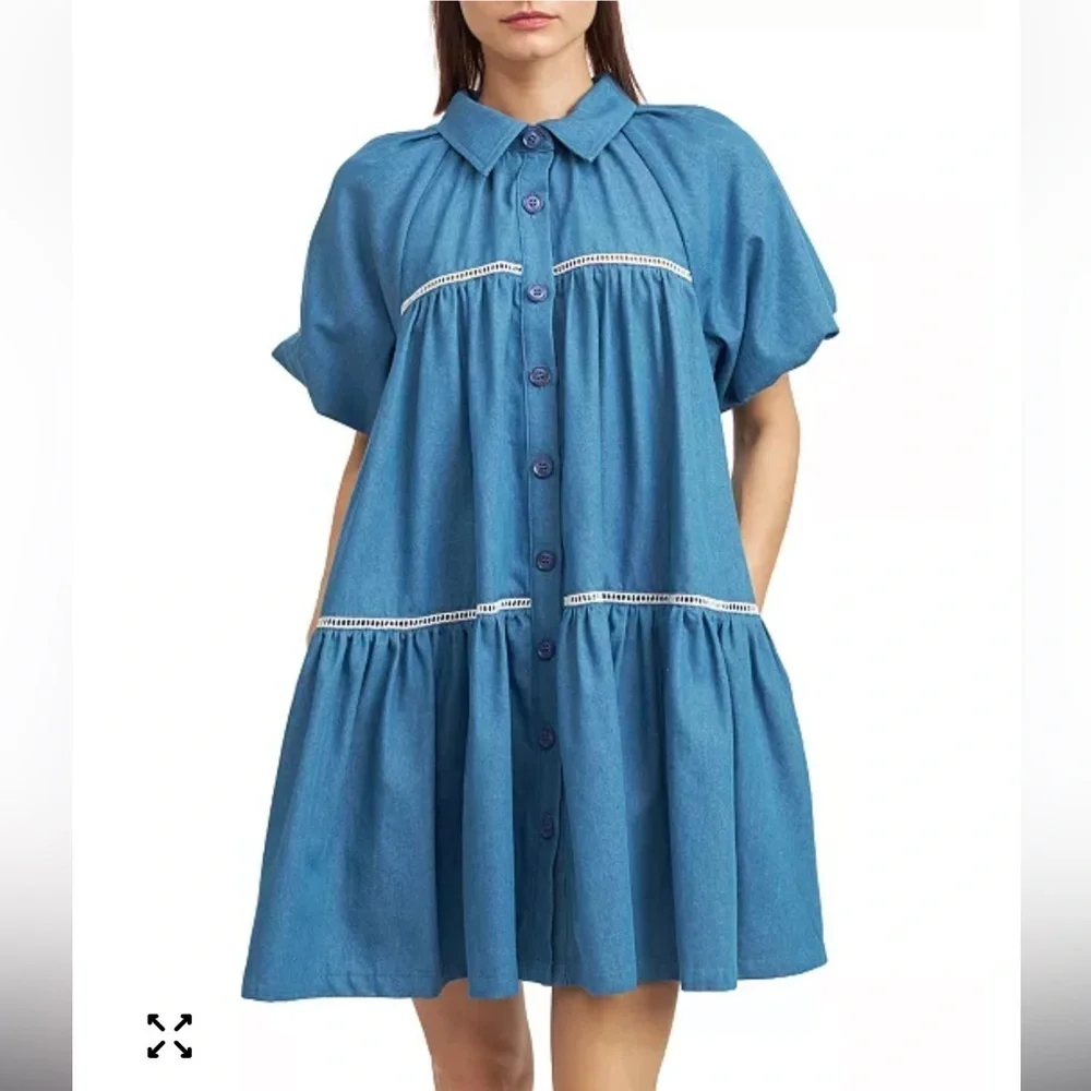En Saison Blue Tara Puff-Sleeve Babydoll Mini Shirtdress Sz Small NEW - Picture 1 of 13
